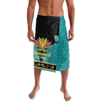 Men's teal and black lavalava skirt with colorful mask print, elastic waistband