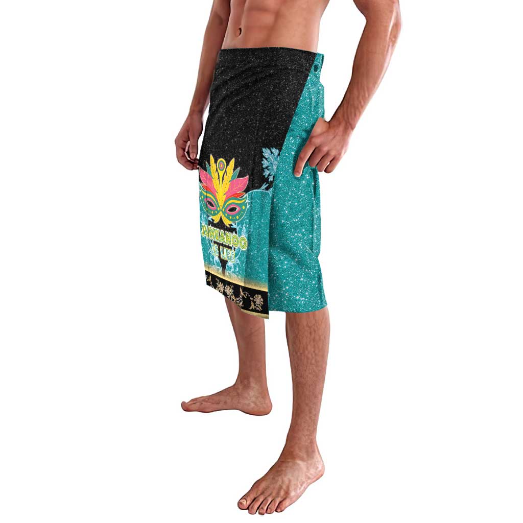 Men's teal and black lavalava skirt with yellow mask graphic, elastic waistband