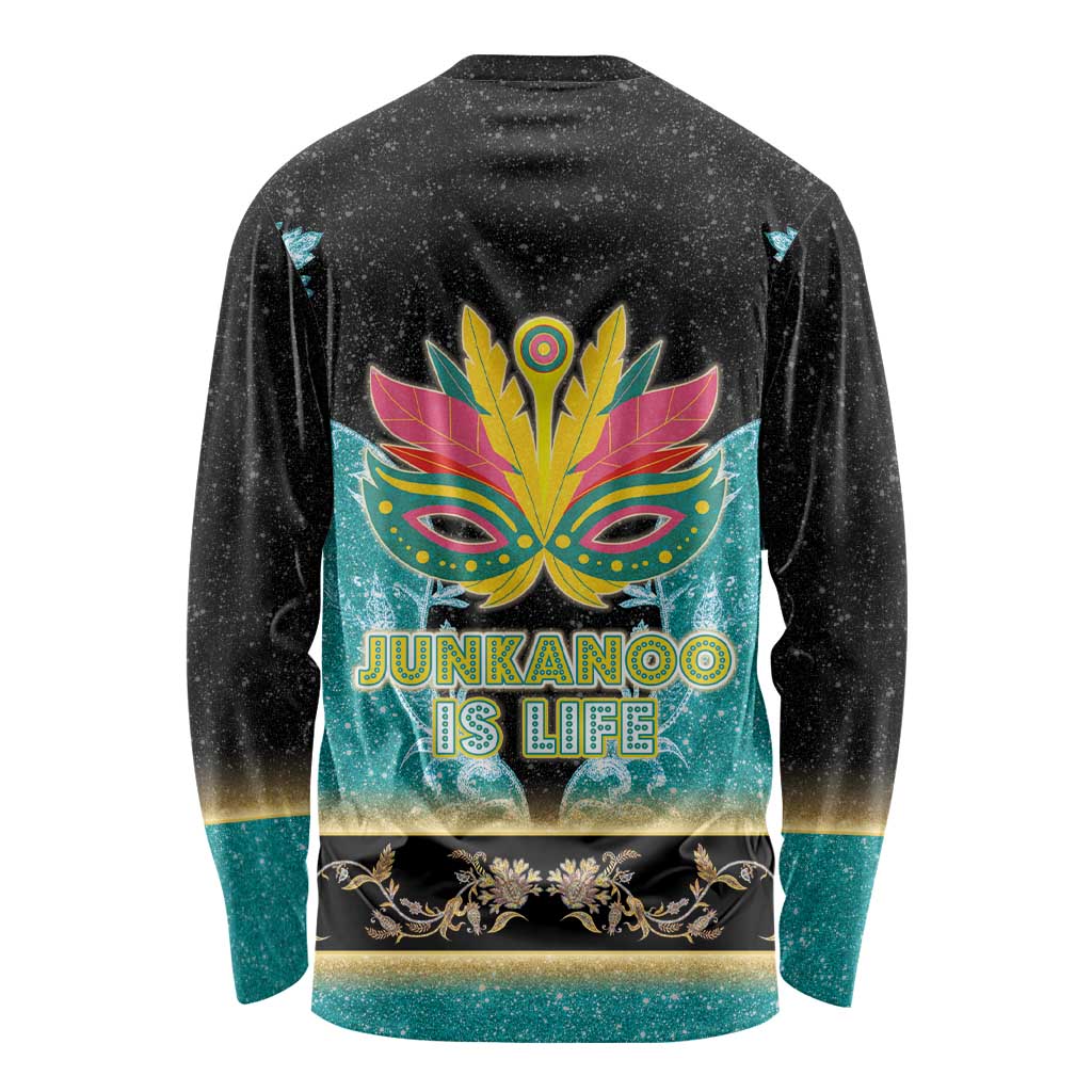 Black long sleeve shirt with colorful Junkanoo mask graphic and 'JUNKANOO IS LIFE' text