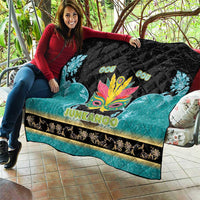 Junkanoo quilt on outdoor bench, black top with teal sides, colorful mask and trim
