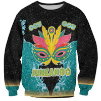 Crewneck sweatshirt, black speckled with colorful Junkanoo mask and JUNKANOO text
