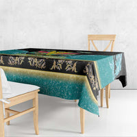 Tablecloth on table: teal gradient with black edge panel and gold decorative pattern