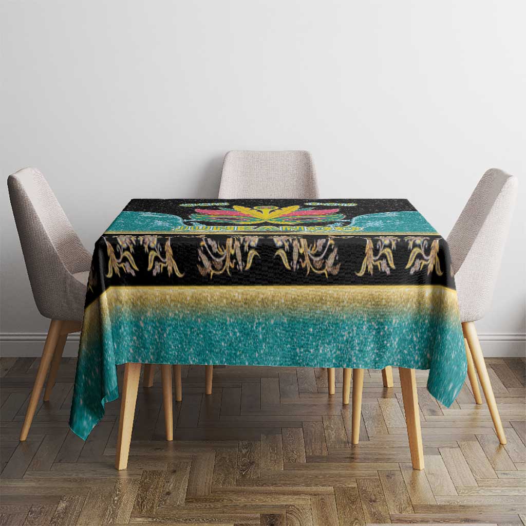 Rectangular tablecloth centered on table: black top band, teal base, gold trim and crest