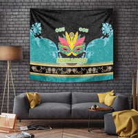 Colorful Junkanoo wall tapestry with mask design, birds, and decorative gold border