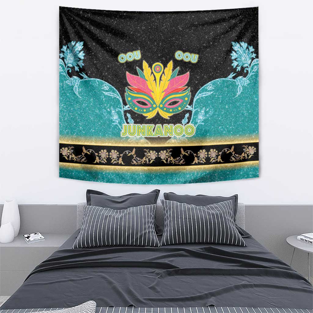 Colorful Junkanoo tapestry featuring central mask, bird accents, and gold trim