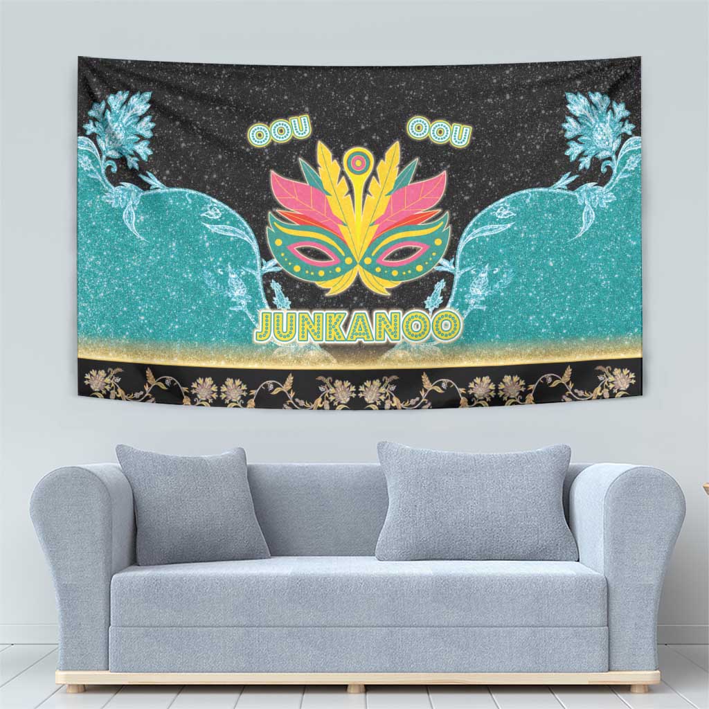 Colorful Junkanoo wall tapestry with central mask, leafy birds, and ornate gold band