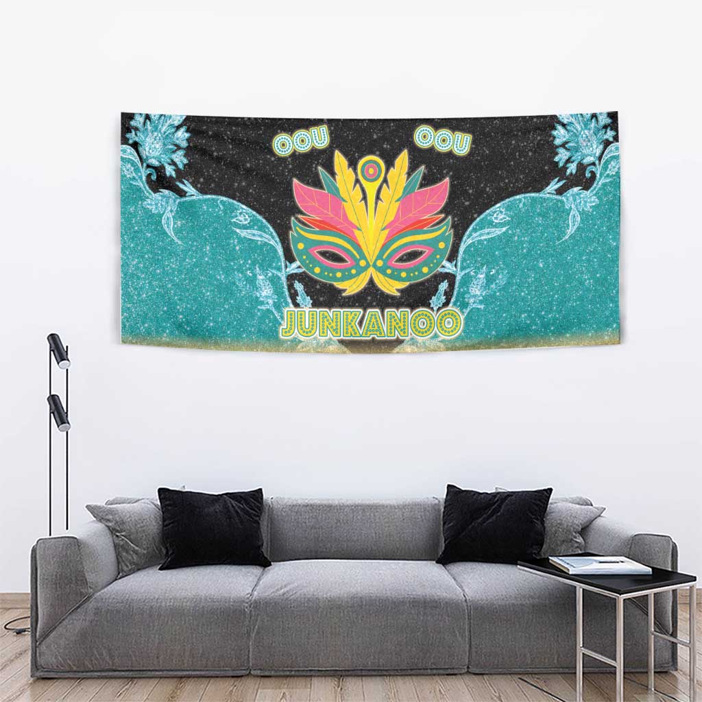Colorful Junkanoo tapestry with mask artwork, teal birds, and decorative gold trim
