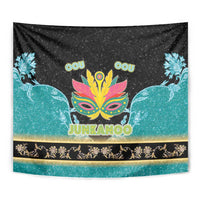 Junkanoo wall tapestry close-up with colorful mask, teal birds, and gold decorative band