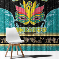Close view of black and teal Junkanoo window curtain with colorful mask graphic