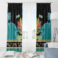 Black and teal window curtain panels with colorful Junkanoo mask design and gold edge border