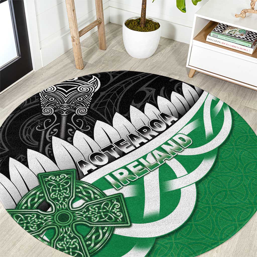 New Zealand And Ireland Rugby Round Carpet Silver Fern With Celtic Cross