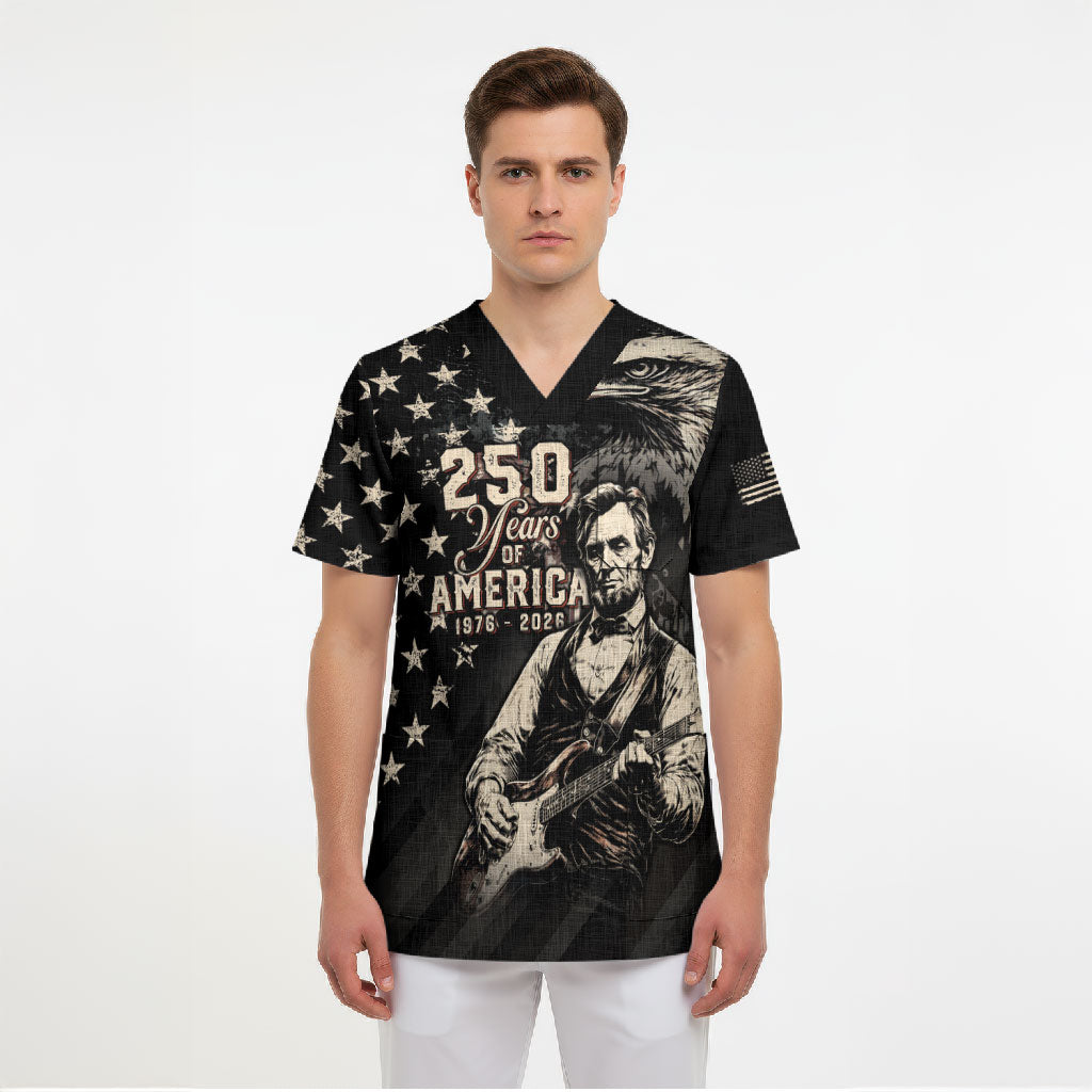 Personalized America 250th Anniversary Scrub Top Abraham Lincoln Playing Guitar 4th July