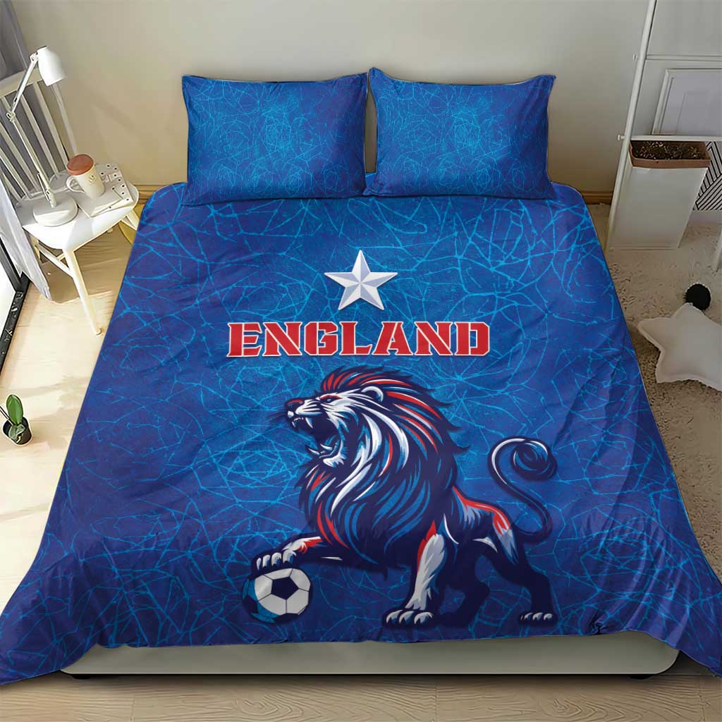 Blue England lion bedding set with star and soccer ball design on duvet and pillows