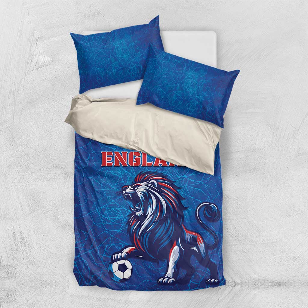 Blue bedding set with lion, soccer ball, and England logo on duvet plus two pillows