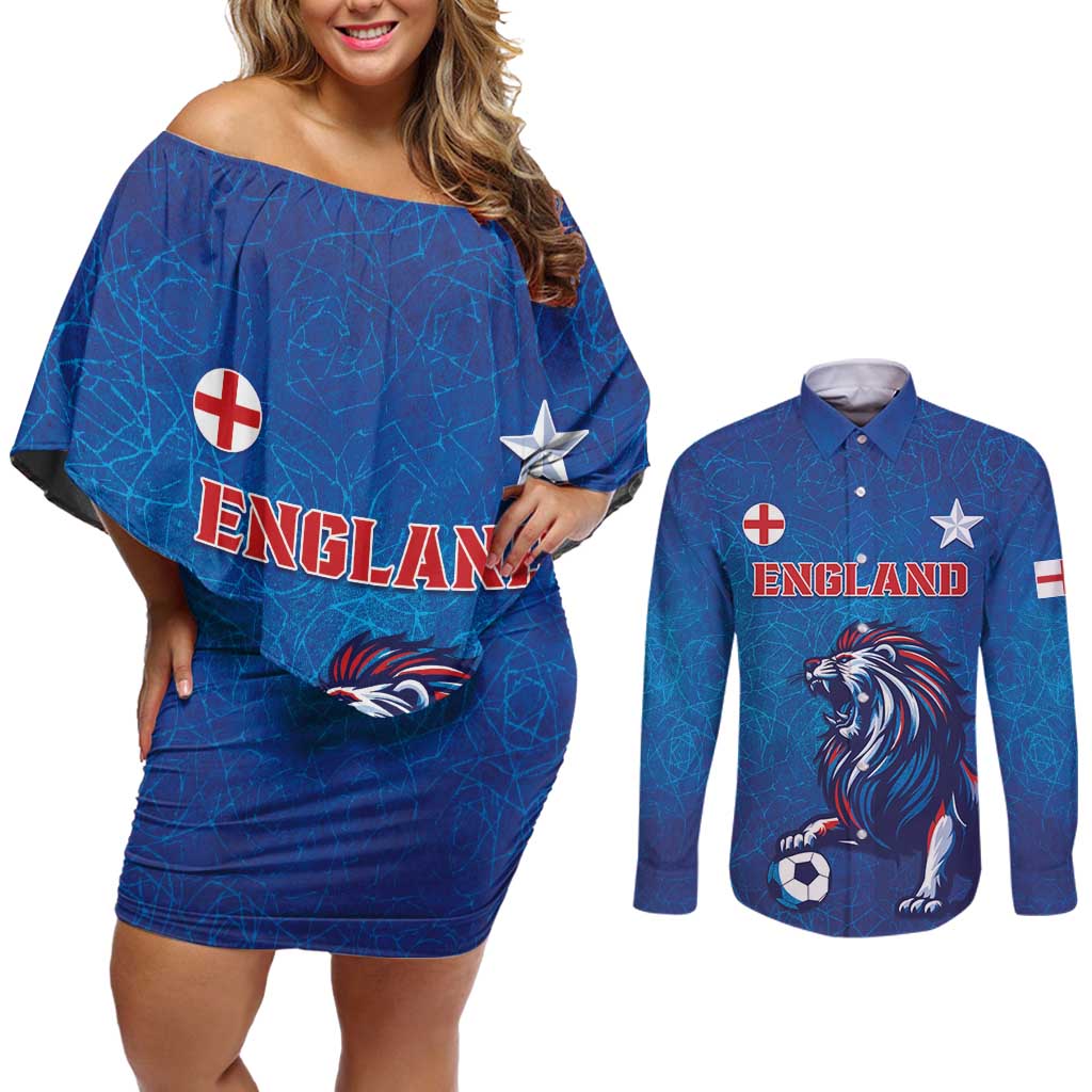 Custom England 2024 Football Couples Matching Off Shoulder Short Dress and Long Sleeve Button Shirt Go Champions Lionesses LT05 - Wonder Print Shop