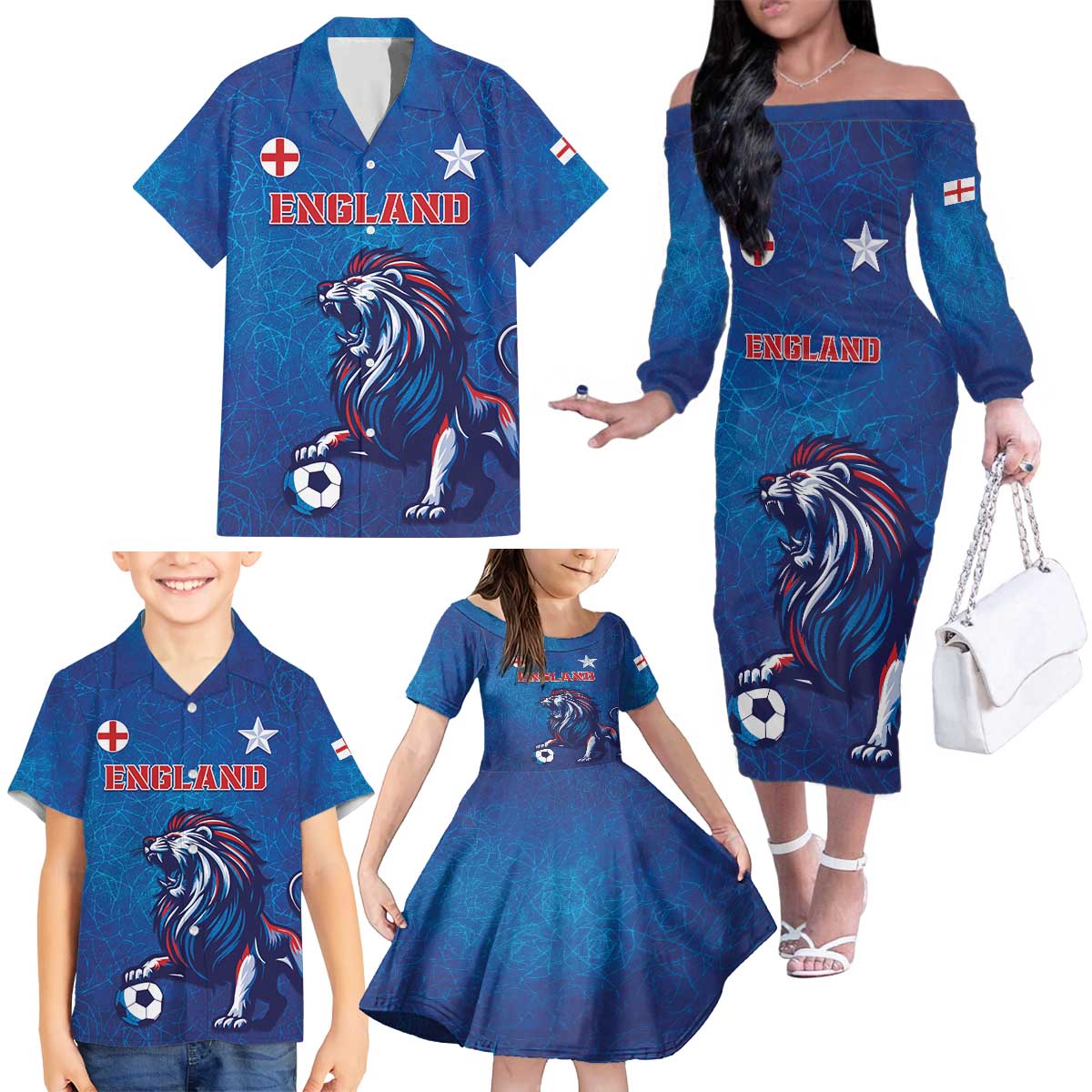 Custom England 2024 Football Family Matching Off The Shoulder Long Sleeve Dress and Hawaiian Shirt Go Champions Lionesses LT05 - Wonder Print Shop