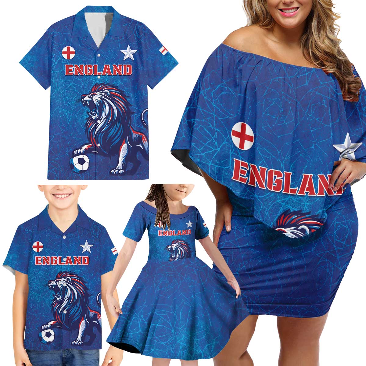 Custom England 2024 Football Family Matching Off Shoulder Short Dress and Hawaiian Shirt Go Champions Lionesses LT05 - Wonder Print Shop