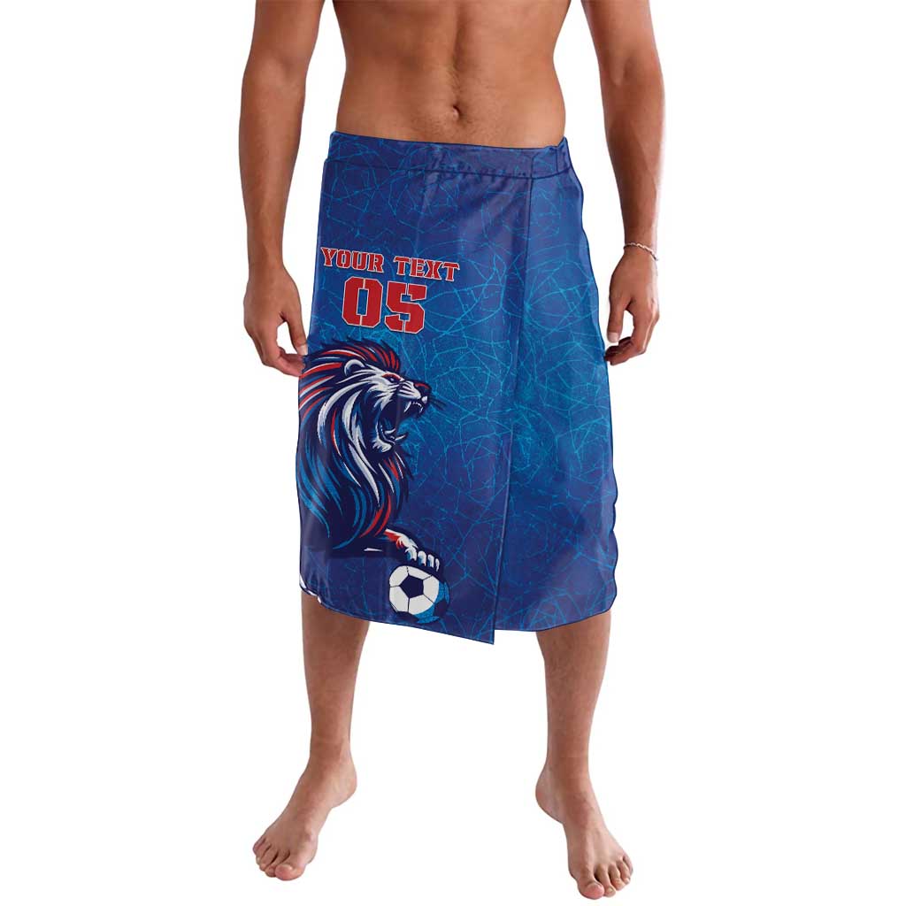 Blue football-style board shorts with elastic waistband, lion graphic and number 05