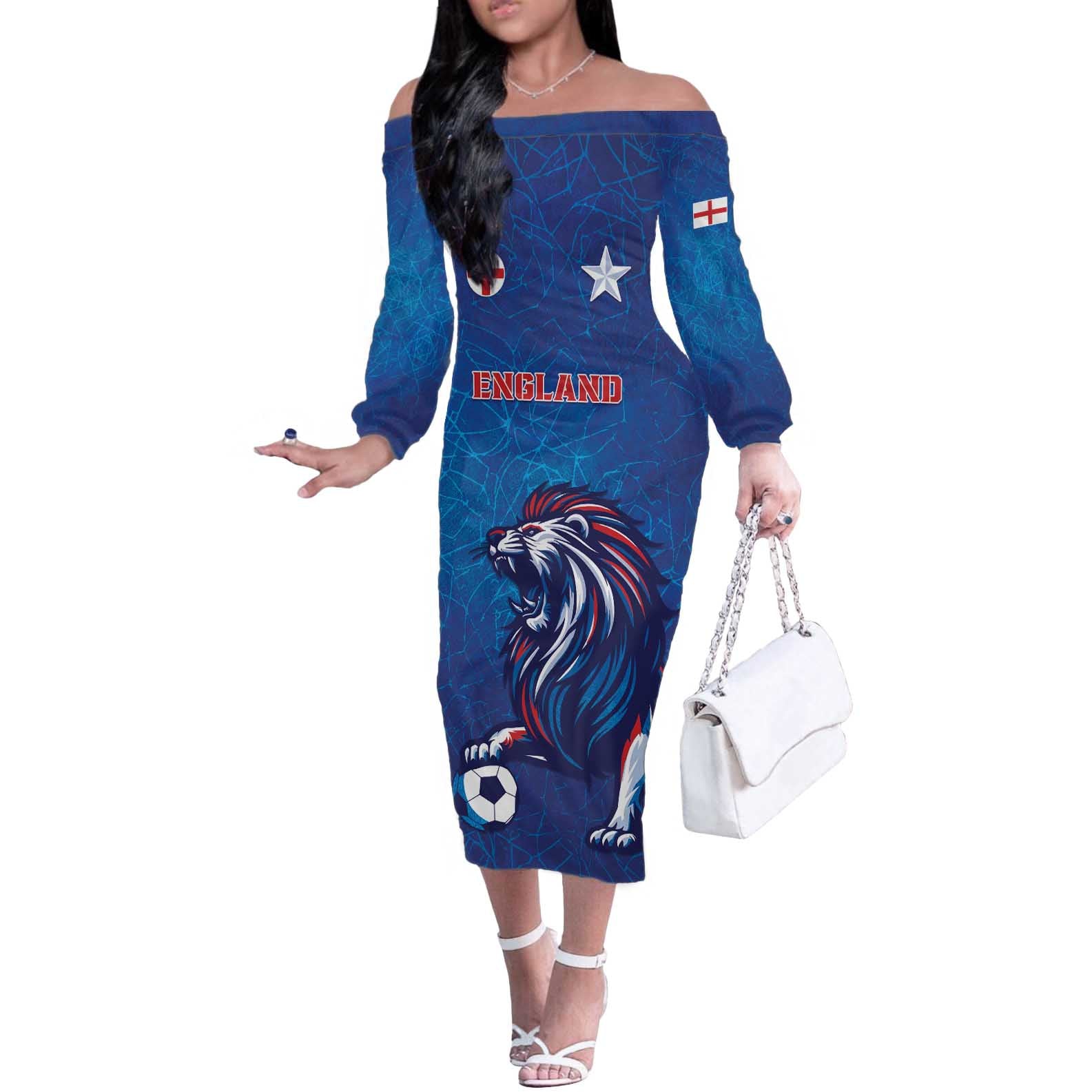 Custom England 2024 Football Off The Shoulder Long Sleeve Dress Go Champions Lionesses LT05 - Wonder Print Shop