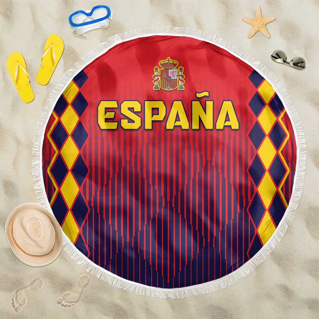 Round red football beach blanket with large ESPANA text, Spain crest, and fringe edge