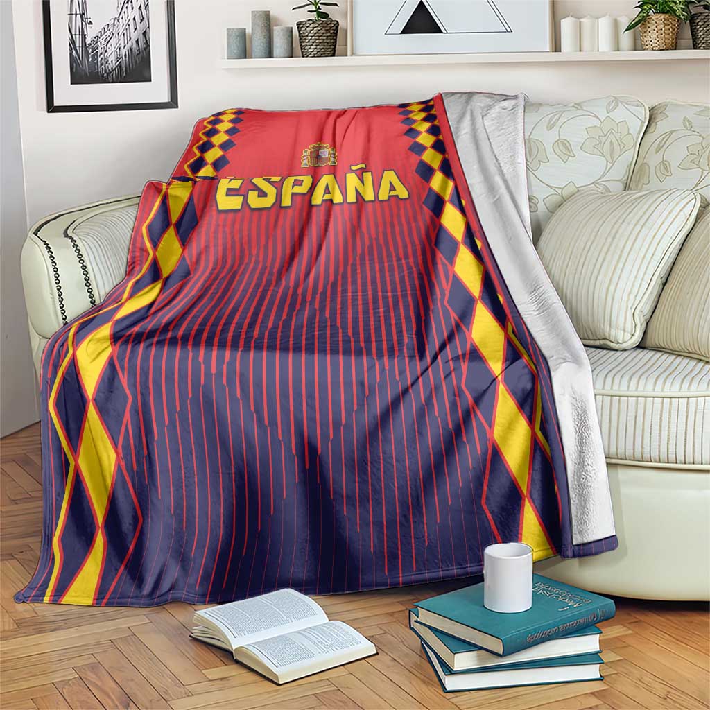 Spain football blanket with ESPAÑA text, red and navy stripes, and diamond border