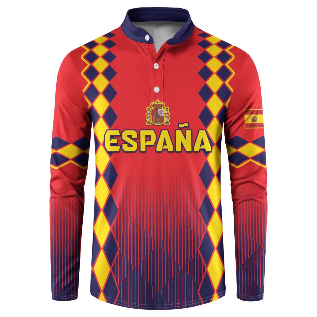 Red button-front football sweatshirt with “ESPANA” crest; diamond pattern