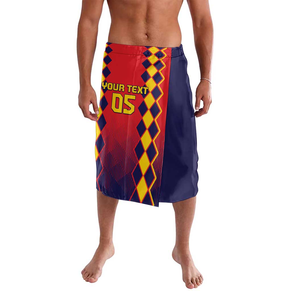 Red and navy Spain football lavalava skirt with yellow diamond pattern and '05' print