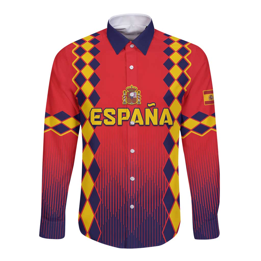 Red long-sleeve button shirt with Spain crest, ESPAÑA text, and diamond pattern