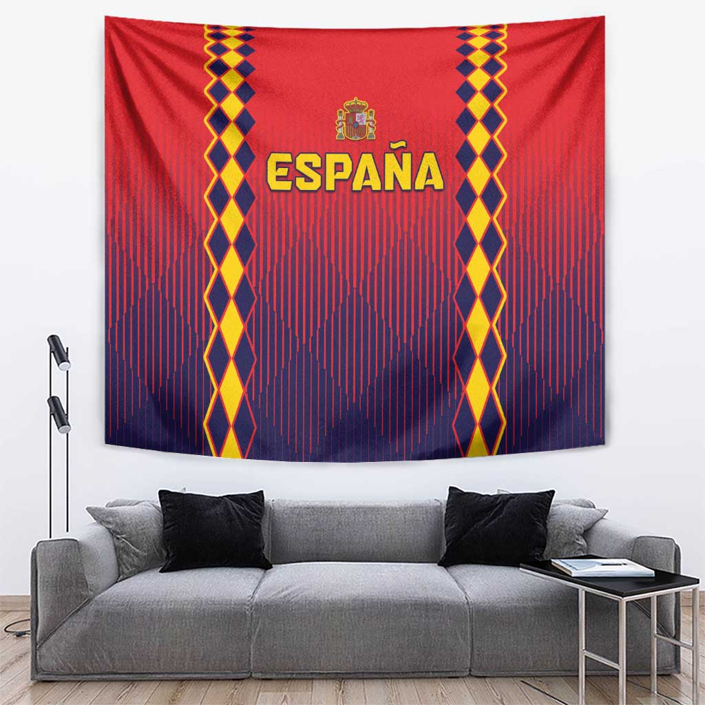 Spain football tapestry with ESPAÑA text and red, blue, and yellow geometric stripes