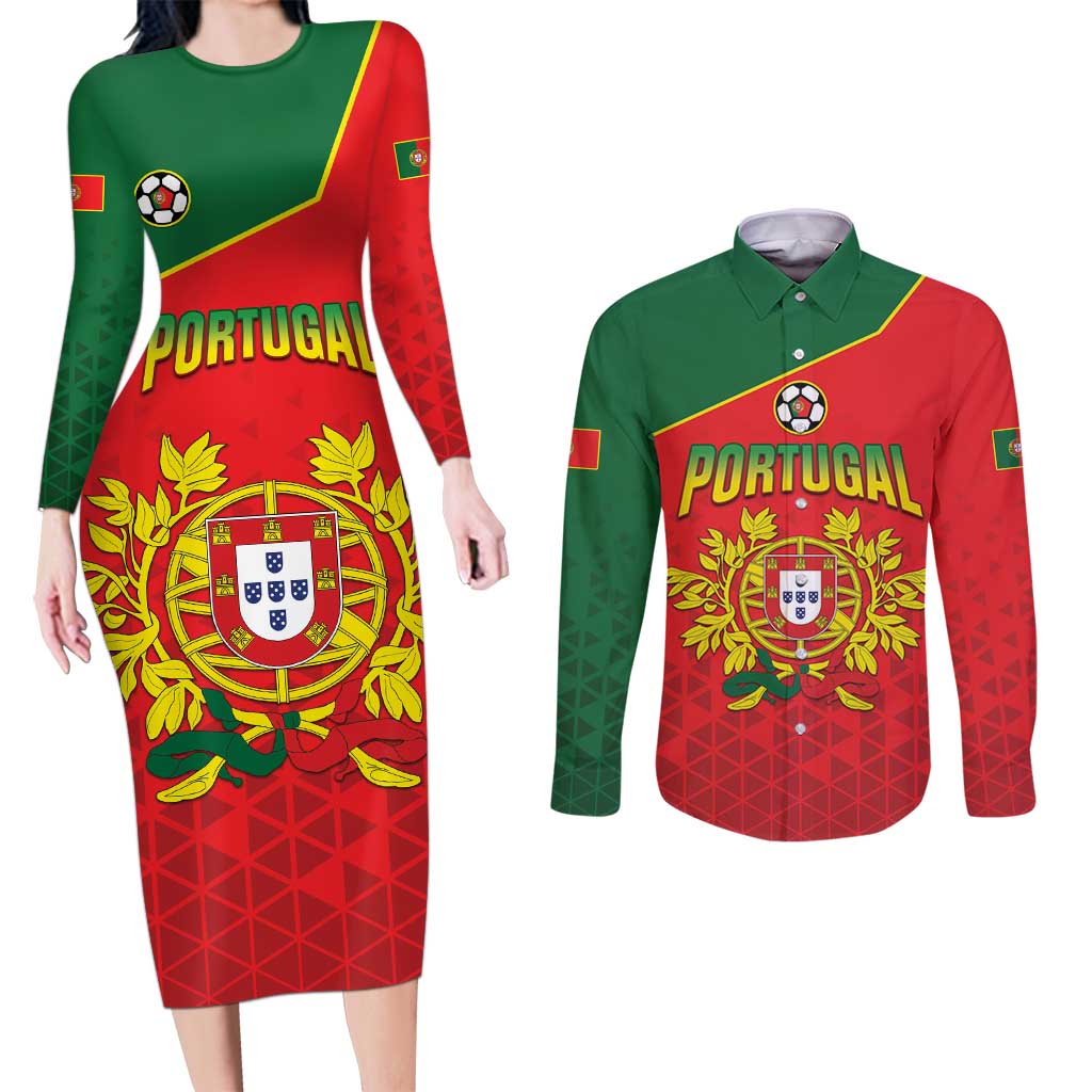 Custom Portugal 2024 Football Couples Matching Long Sleeve Bodycon Dress and Long Sleeve Button Shirt Go Champions A Selecao das Quinas LT05 - Wonder Print Shop