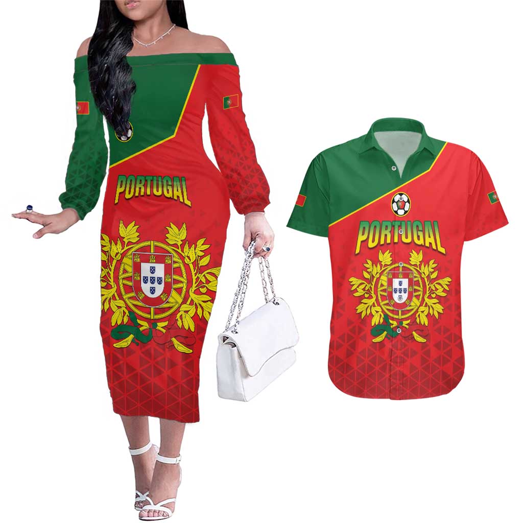 Custom Portugal 2024 Football Couples Matching Off The Shoulder Long Sleeve Dress and Hawaiian Shirt Go Champions A Selecao das Quinas LT05 - Wonder Print Shop