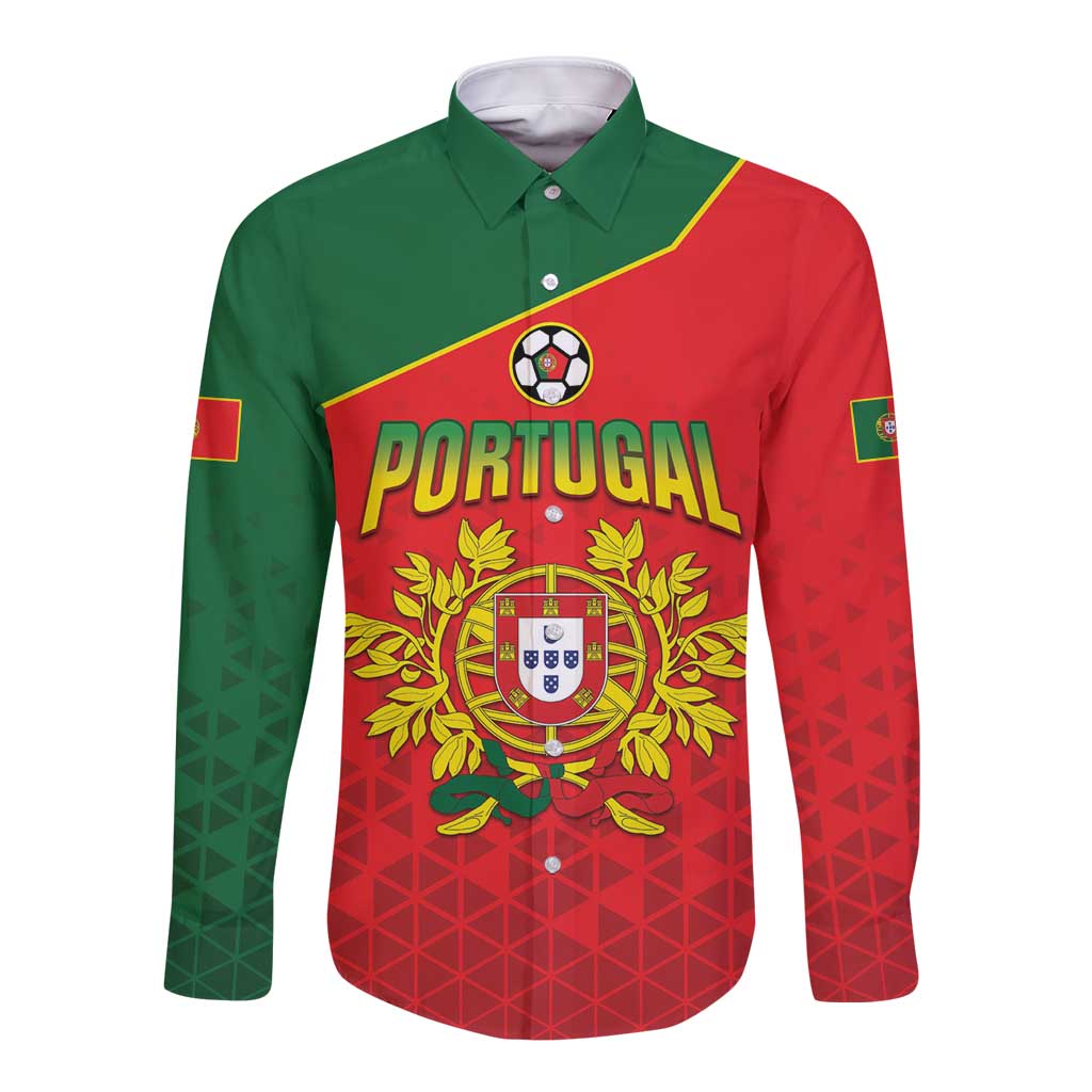 Red and green long-sleeve football button shirt with PORTUGAL crest and soccer graphic