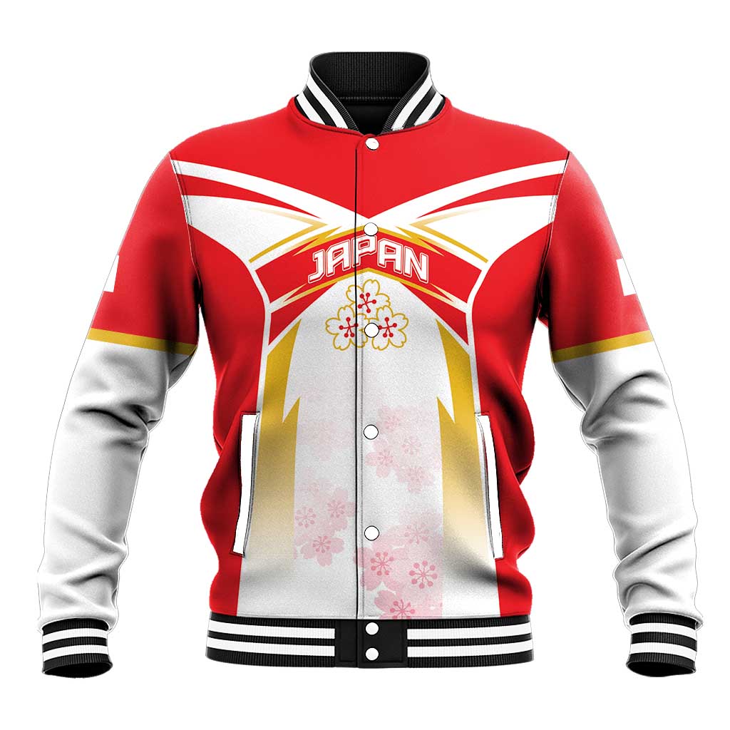 Red and gray varsity-style baseball jacket with ribbed collar, snap front, Japan graphic