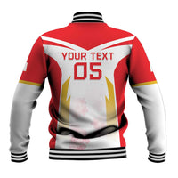 Red and gray baseball jacket back with 'YOUR TEXT' and '05' print, ribbed hem cuffs