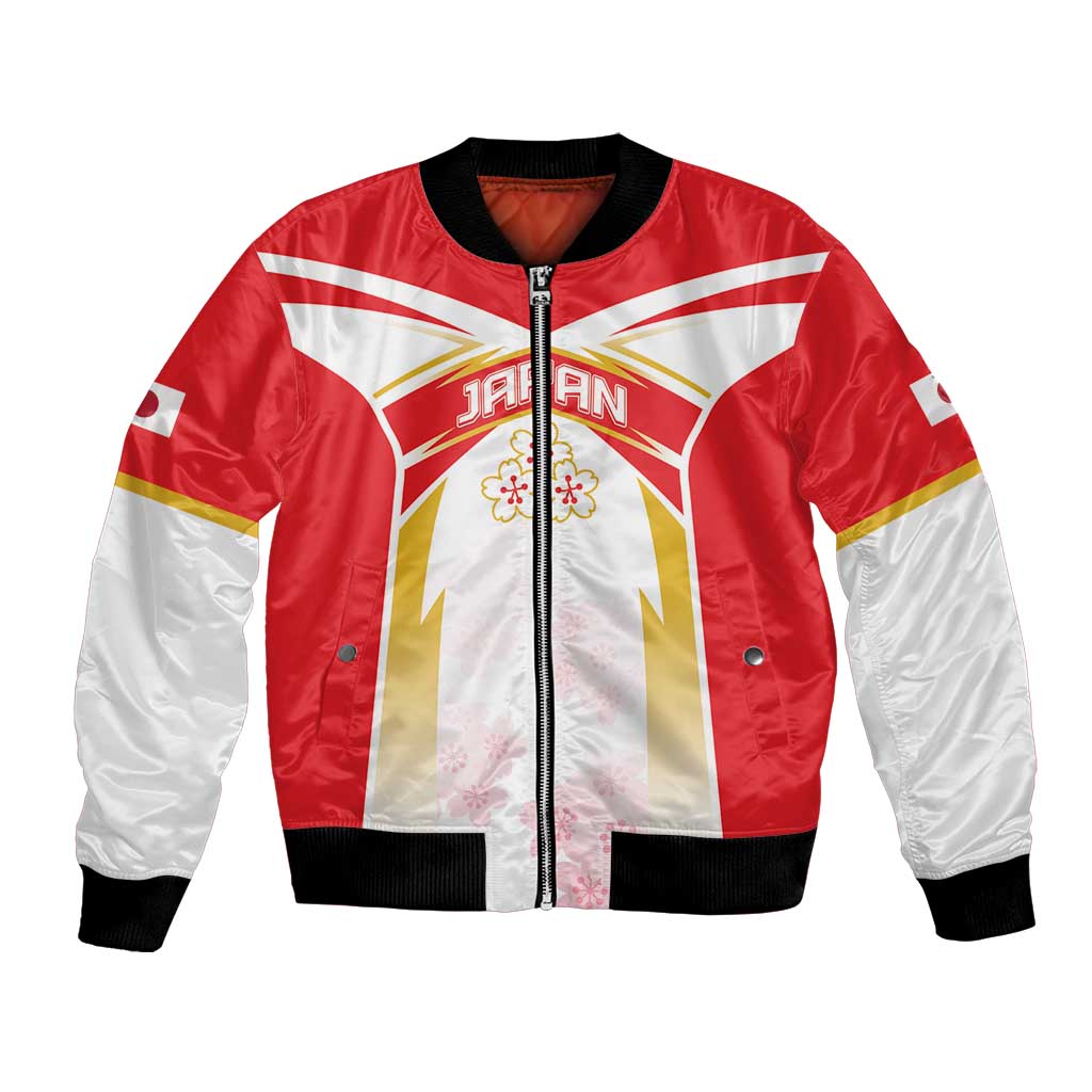 Red and white satin bomber jacket, front zip, ribbed cuffs, cherry blossom graphic