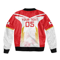 Red and white bomber jacket back print: YOUR TEXT DS, ribbed hem and cuffs