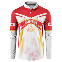 Men's rugby button sweatshirt, red and white, 'JAPAN' emblem with cherry blossom cluster