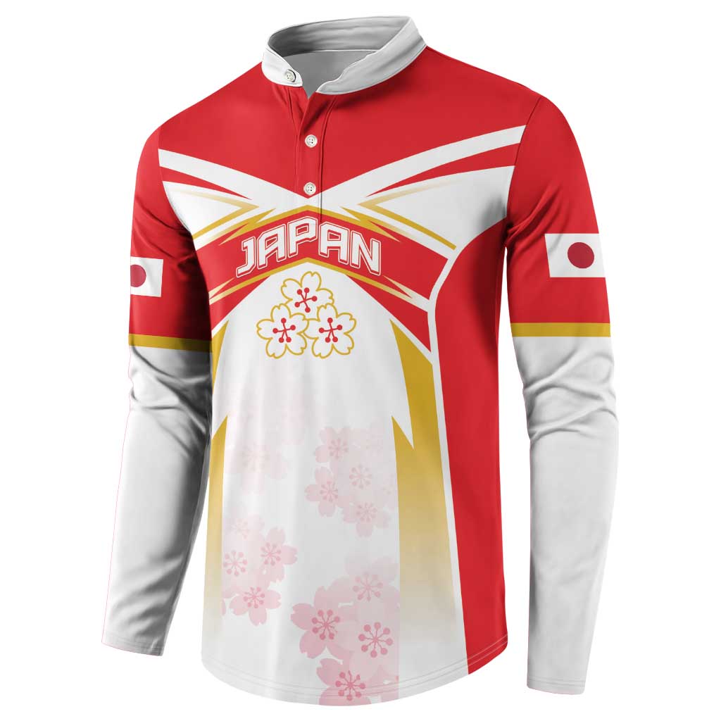 Men's rugby button sweatshirt, red and white with 'JAPAN' crest and cherry blossom print