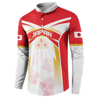 Men's rugby button sweatshirt, red and white with 'JAPAN' crest and cherry blossom print