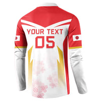 Men's rugby button sweatshirt in red, back panel shows 'YOUR TEXT 05' and cherry blossoms