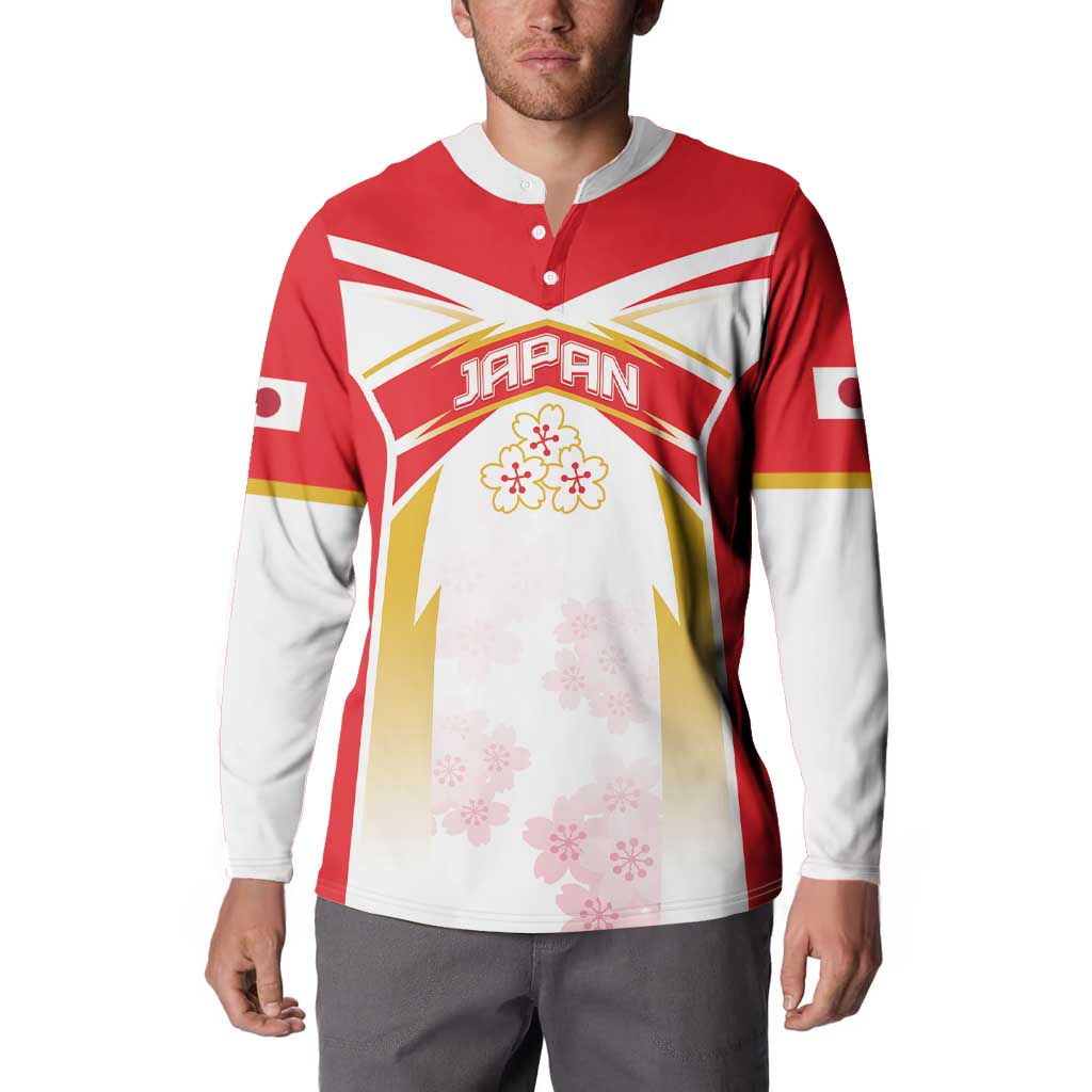 Men's rugby button sweatshirt, red with white front, 'JAPAN' emblem and pink cherry blossoms