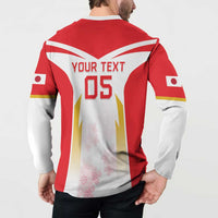 Men's rugby button sweatshirt in red, with white panel, 'YOUR TEXT 05' and cherry blossoms