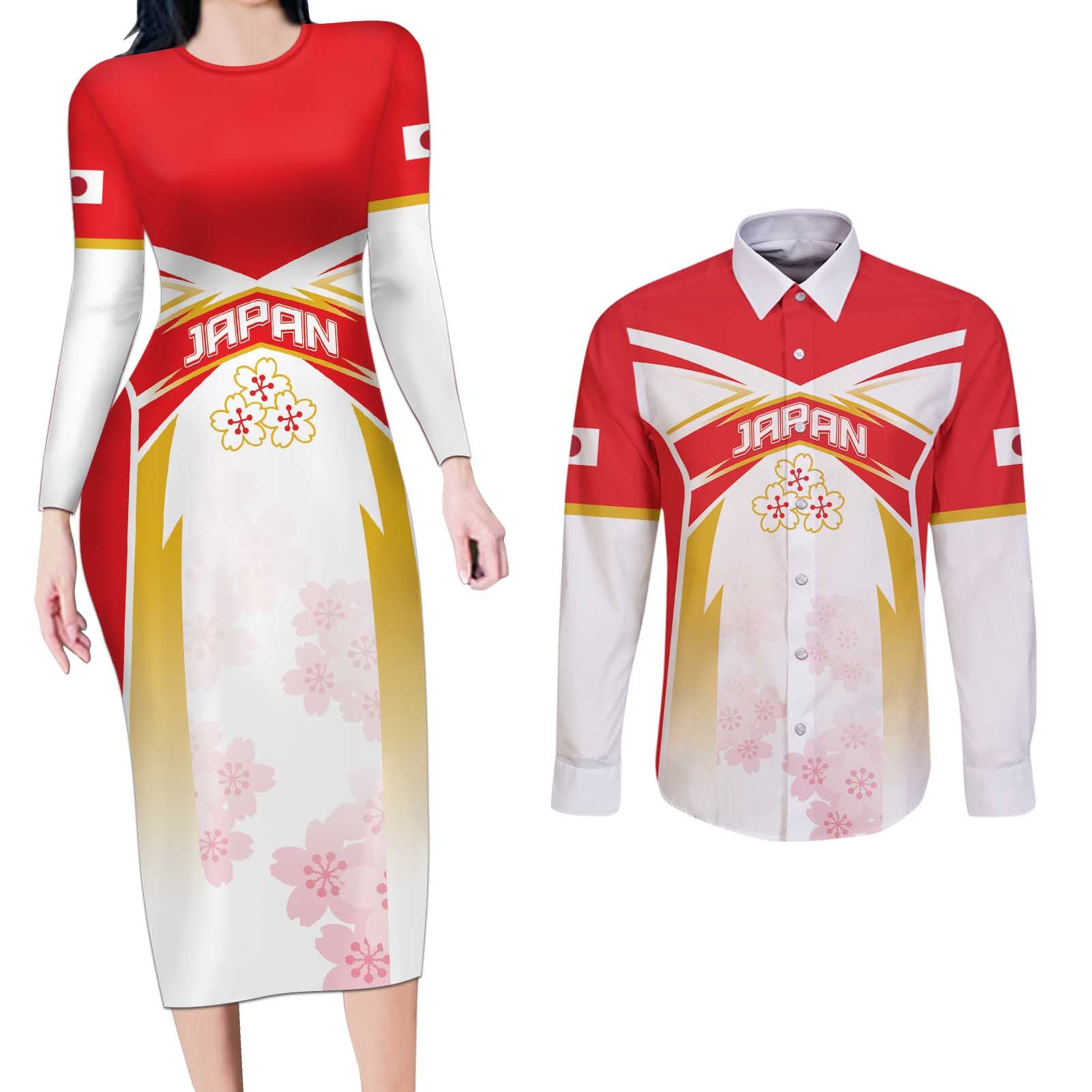 Custom Japan Rugby 2024 Couples Matching Long Sleeve Bodycon Dress and Long Sleeve Button Shirt Go Cherry Blossoms LT05 - Wonder Print Shop