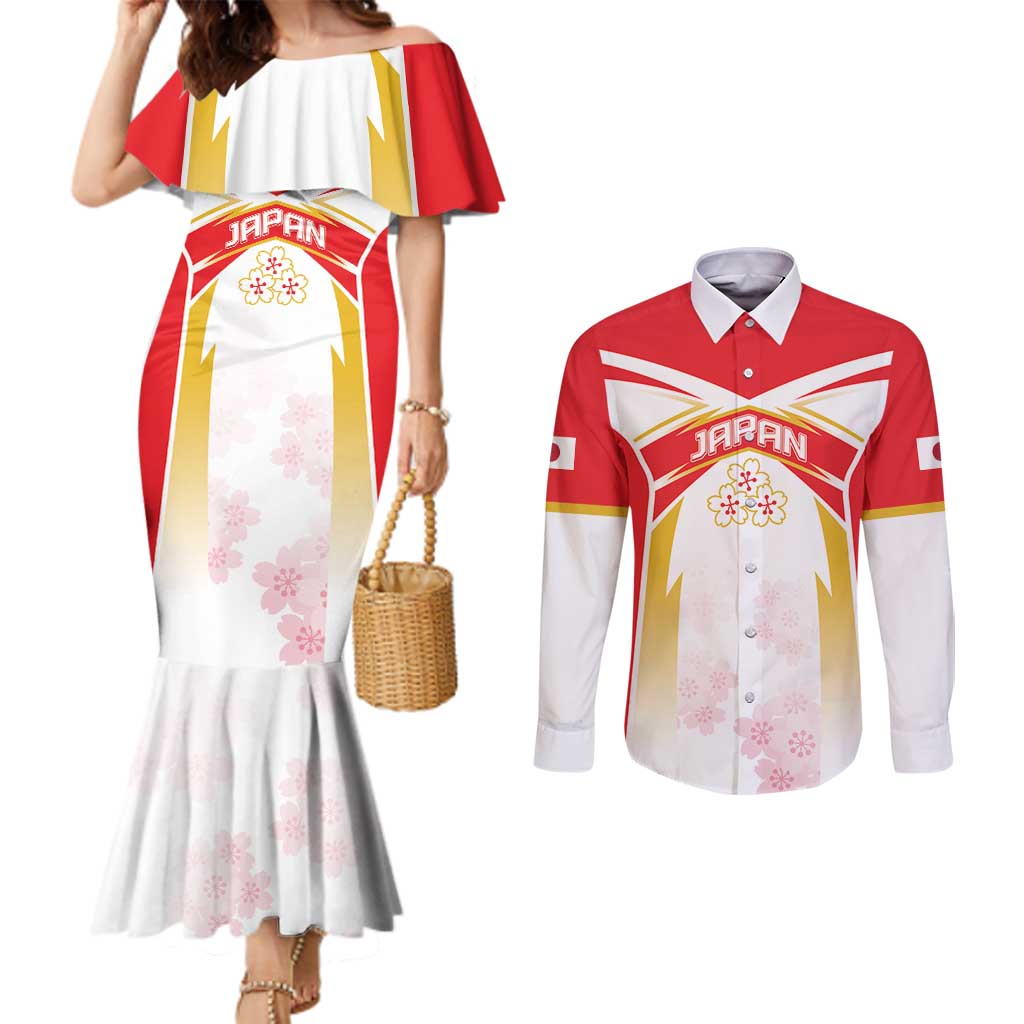 Custom Japan Rugby 2024 Couples Matching Mermaid Dress and Long Sleeve Button Shirt Go Cherry Blossoms