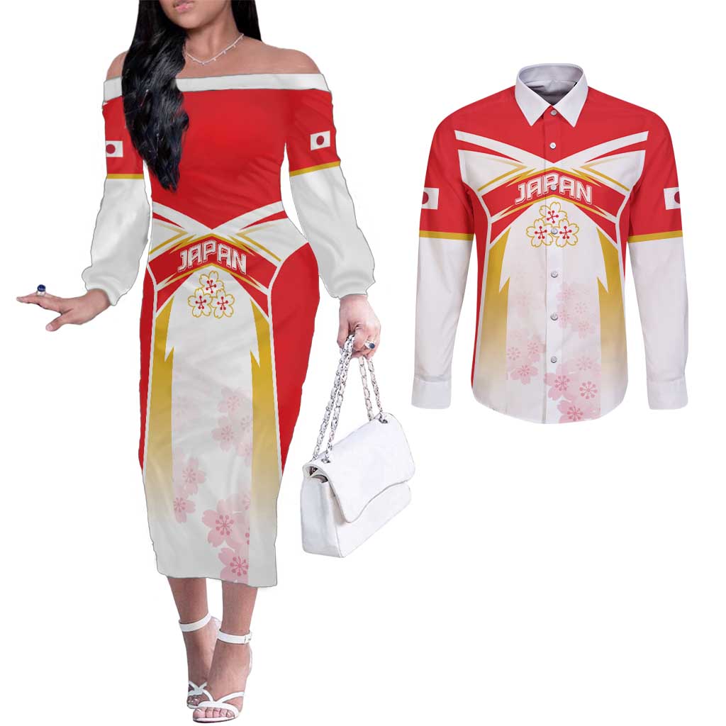 Custom Japan Rugby 2024 Couples Matching Off The Shoulder Long Sleeve Dress and Long Sleeve Button Shirt Go Cherry Blossoms