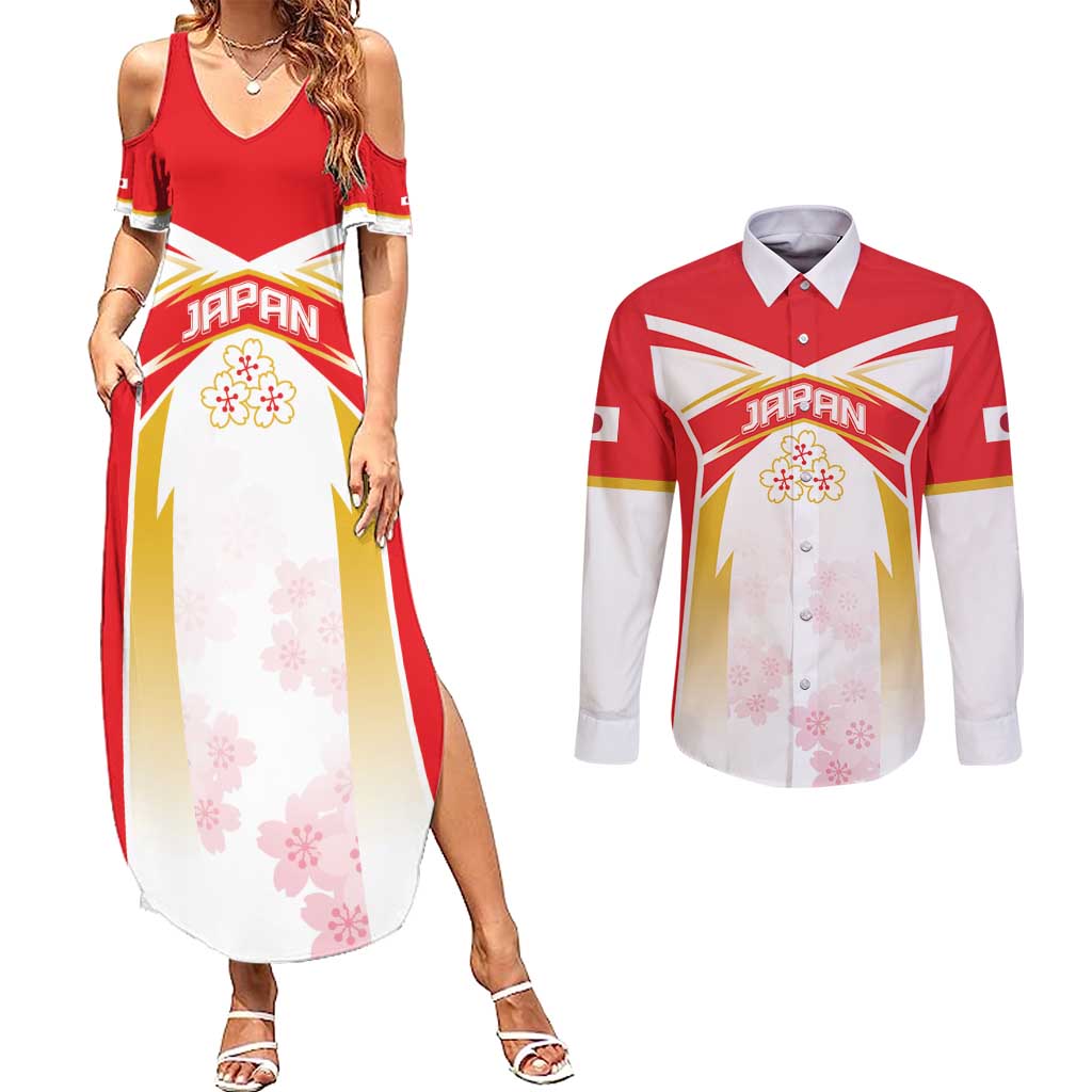 Custom Japan Rugby 2024 Couples Matching Summer Maxi Dress and Long Sleeve Button Shirt Go Cherry Blossoms LT05 - Wonder Print Shop