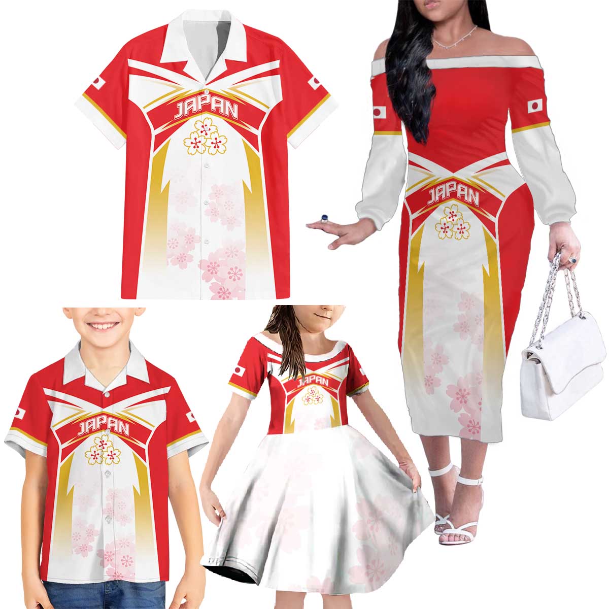 Custom Japan Rugby 2024 Family Matching Off The Shoulder Long Sleeve Dress and Hawaiian Shirt Go Cherry Blossoms LT05 - Wonder Print Shop