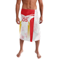Knee-length custom shorts with elastic waistband, white with red top band and yellow stripe graphic