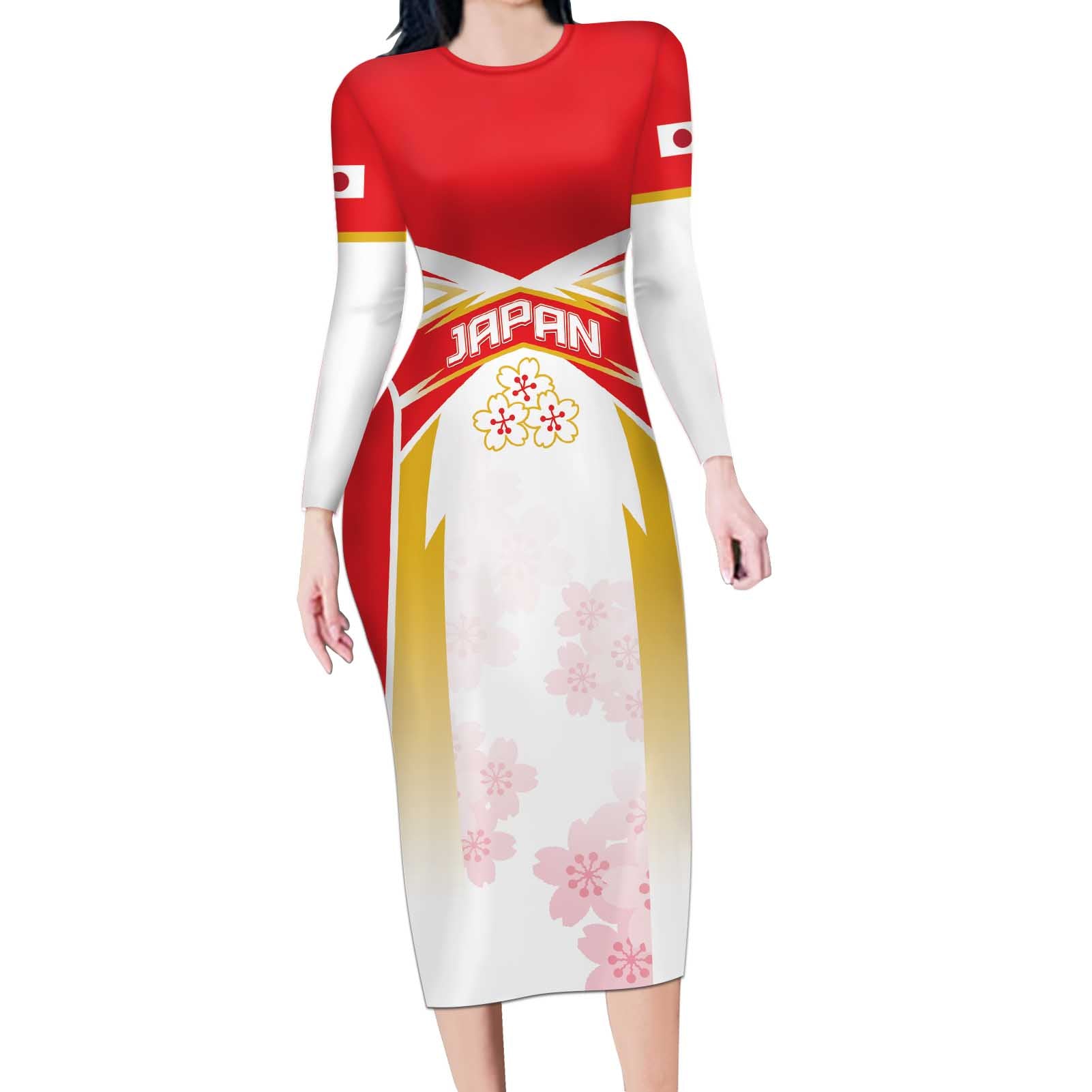 Custom Japan Rugby 2024 Long Sleeve Bodycon Dress Go Cherry Blossoms LT05 - Wonder Print Shop