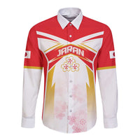 Red and white long-sleeve rugby button shirt with JAPAN crest and cherry blossom graphic